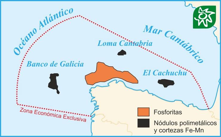 As diferentes zonas onde se quere extraer minerais en alta mar, no Océano Atlántico e no Mar Cantábrico. / Ecoloxistas en Acción