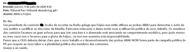 Correo electrónico do presidente cunha comisión ó tribunal da CIUG pedindo que se manifesten en contra da 'utilización electoral' de Feijóo