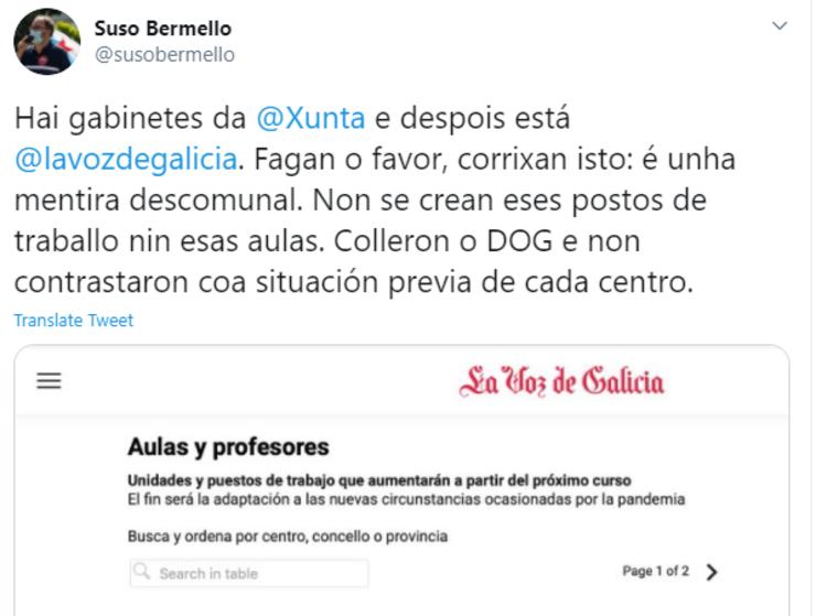 Mensaxe de Suso Bermello (CIG-Ensino) a La Voz de Galicia/Twitter