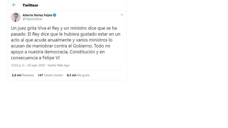 Captura de pantalla do tweet do presidente da Xunta, Alberto Núñez Feijóo 