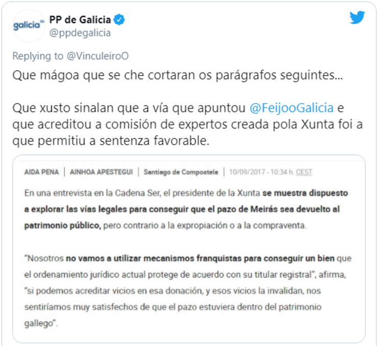 Tweet do PP nunha discusión sobre o Pazo de Meirás