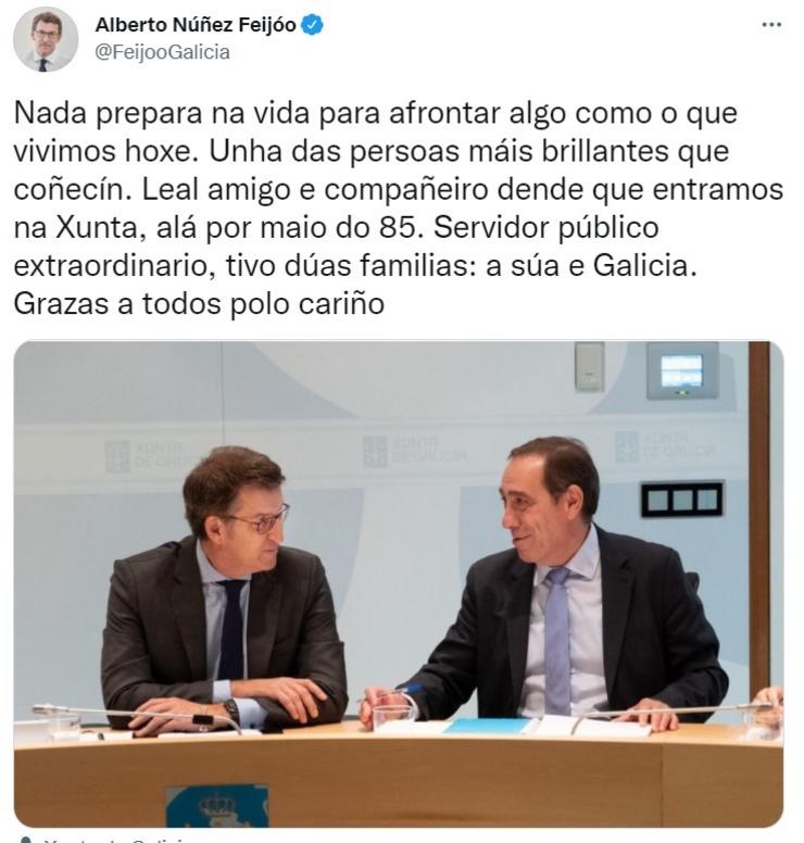 Mensaxe publicada polo presidente da Xunta, Alberto Núñez Feijóo, en recordo ao seu conselleiro de Facenda, Valeriano Martínez. EP/CAPTURA / Europa Press