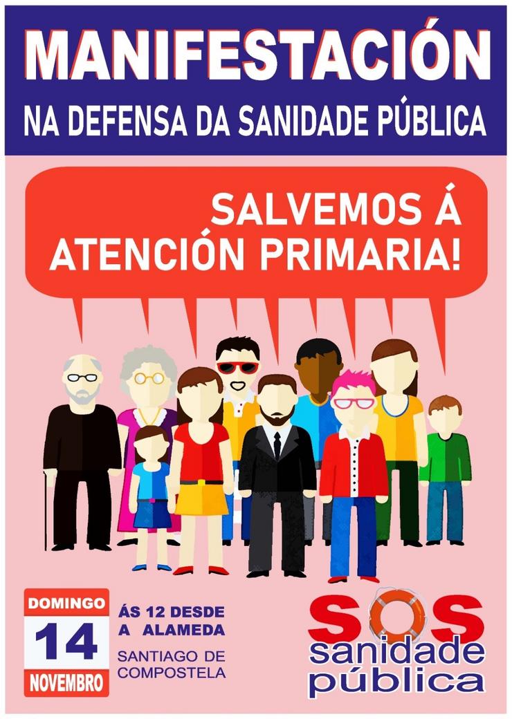 Cartel de SOS Sanidade Pública da manifestación do 14 de noviermbre en Santiago en defensa da Atención Primaria.. SOS SANIDADE PÚBLICA 