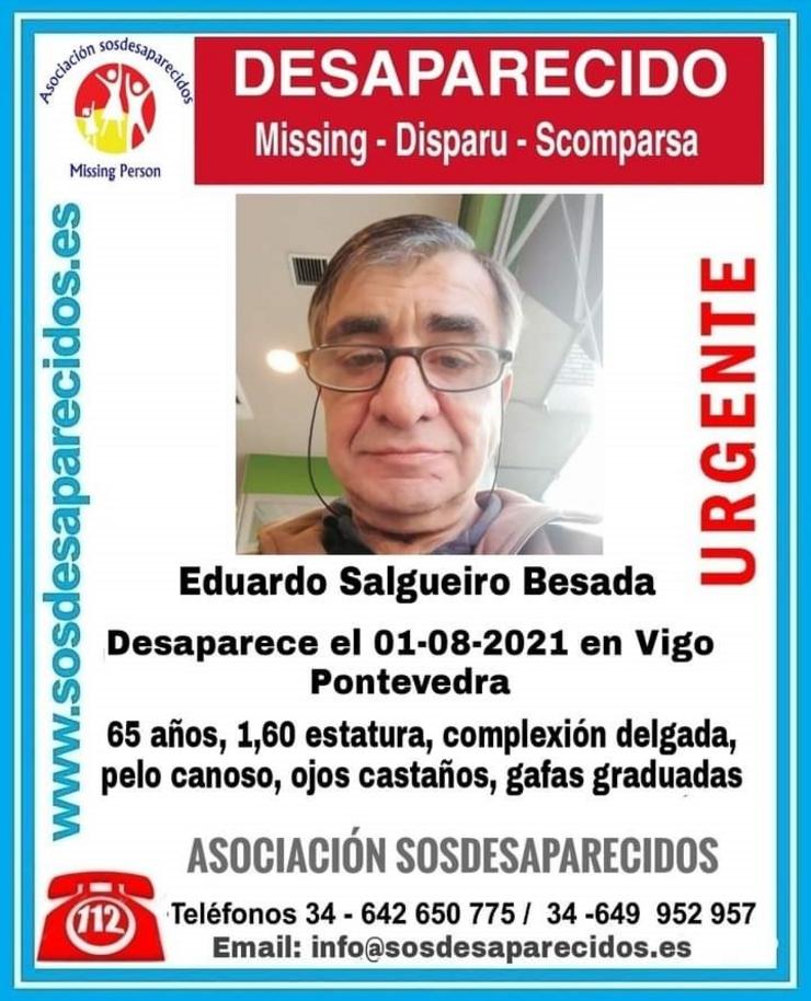Cartel difundido por SOS Desaparecidos con motivo da desaparición de Eduardo Salgueiro en Vigo, en agosto de 2021.. SOS DESAPARECIDOS / Europa Press