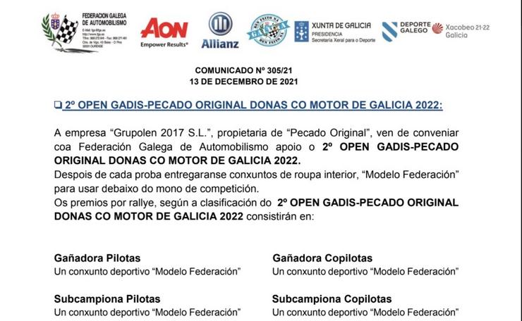 A Federación Galega de Automobilismo cancela uns premios nos que daba roupa interior deportiva ás gañadoras.