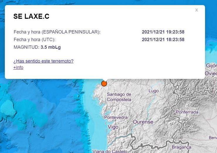 Imaxe do mapa de sismos do Instituto Xeográfico Nacional, cun terremoto rexistrado en Laxe o 21 de decembro de 2021, que non produciu danos persoais nin materiais.. INSTITUTO XEOGRÁFICO NACIONAL 