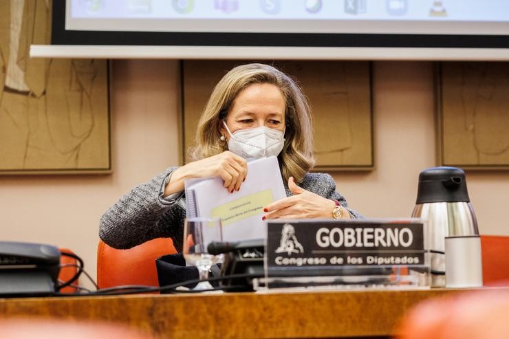 A vicepresidenta primeira do Goberno e ministra de Asuntos Económicos e Transformación Dixital, Nadia Calviño, comparece na Comisión Mixta para a Unión Europea no Congreso dos Deputados, a 20 de decembro de 2021, en Madrid (España).. Alejandro Martínez Vélez - Europa Press 