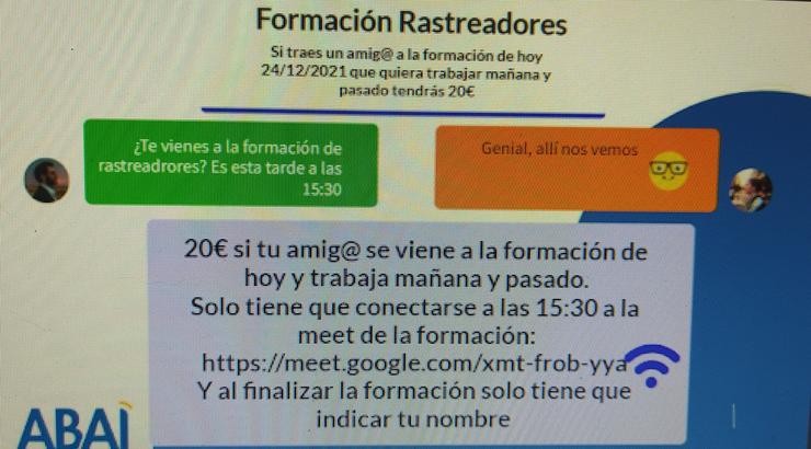 Oferta que Extel, de Abai Group, lles fixo aos seus rastrexadores para buscar xente para formala como rastrexador / remitida