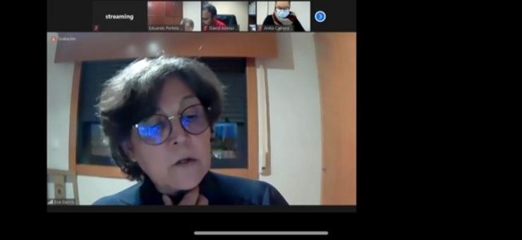 A alcaldesa do Porriño, Eva García da Torre, teletraballando tras verse obrigada a gardar corentena, por ter contacto cunha persoa do seu equipo de confianza, que deu positivo en COVID-19 / CONCELLO DO PORRIÑO.