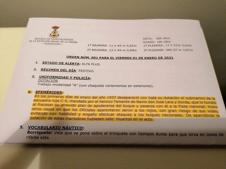 Orde do día 1 de xaneiro de 2020 da Escola Naval da Armada en Ferrol, que leva nas súas 'efemérides' o afundimento dun submarino da 'escuadra vermella'.. BNG 