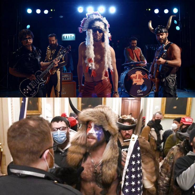 Collage que amosa a semellanza física entre un dos asaltantes ao Capitolio estadounidense e Tonhito de Poi, vocalista dos Herdeiros da Crus/Twitter: @RamonadoCurral