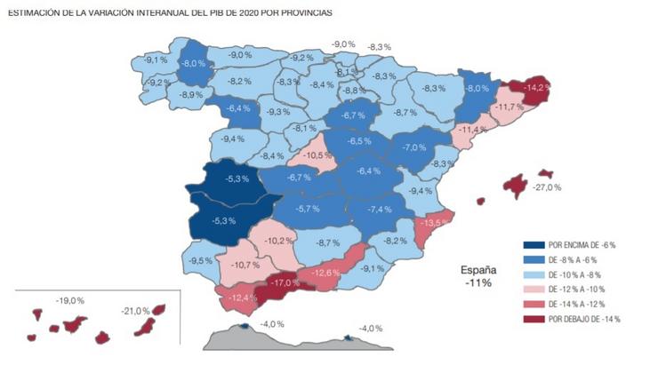 Impacto da covid en 2020 por provincias. BANCO DE ESPAÑA 