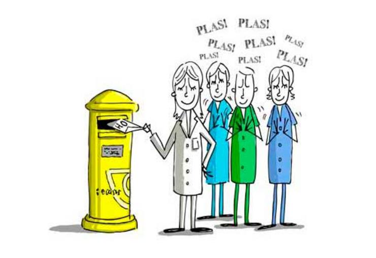 Viñeta de sanitarios ante un buzón de correos / fundacionhospitaloptimista.org