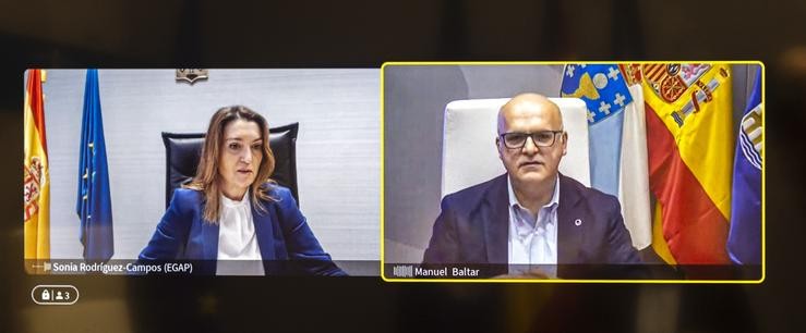 A directora da EGAP, Sonia Rodríguez-Campos, e o presidente da Deputación de Ourense, Manuel Baltar, reúnense por videoconferencia. DEPUTACIÓN DE OURENSE 