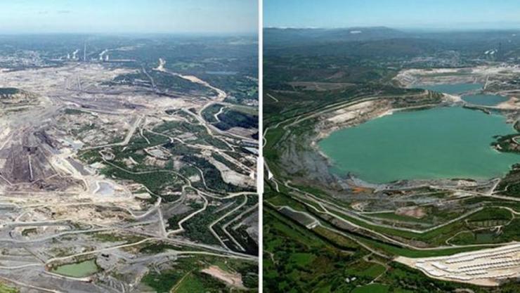 Terreos afectados pola explotación mineira en As Pontes e, á dereita, lago creado na zona tralo cese da actividade / USC
