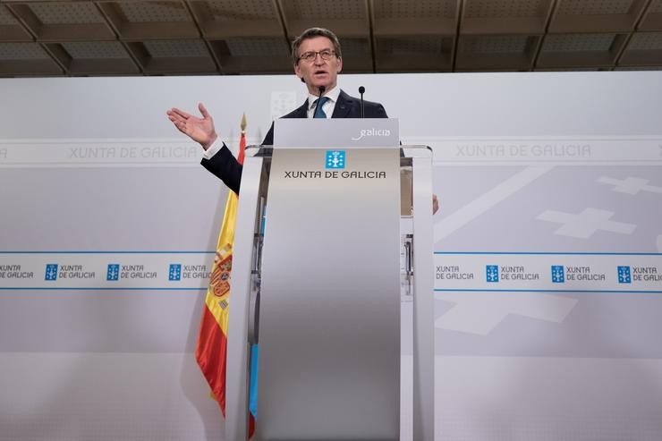 O presidente da Xunta, Alberto Núñez Feijóo, na rolda de prensa posterior ao Consello da Xunta do 18 de marzo de 2021. ANA VARELA / XUNTA / Europa Press