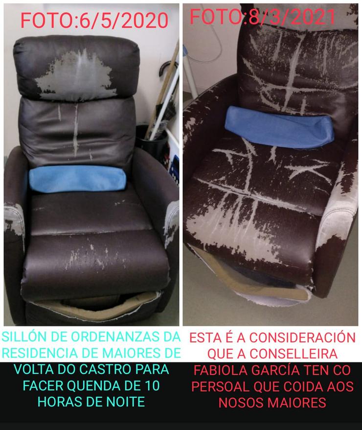 Estado dun sillón para descanso dos ordenanzas na quenda de 10 horas de noite na Residencia de Volta do Castro 