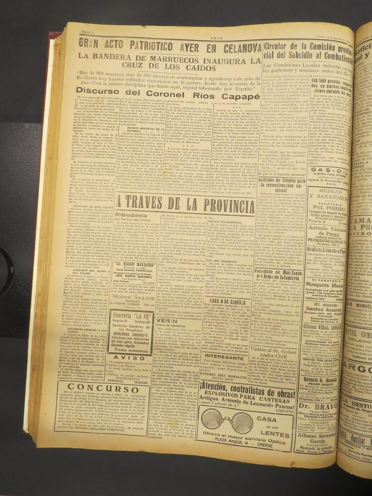Fotografía da edición do diario ourensán Arco de agosto de 1939, onde se publica a crónica da inauguración dun monumento falanxista no municipio ourensán de Celanova. COMITÉ DE MEMORIA HISTÓRICA DE CELANVOA 