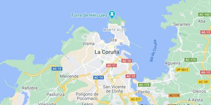 Captura de Google Maps co topónimo deturpado da Coruña (*A Coruña). CAPTURA / Europa Press