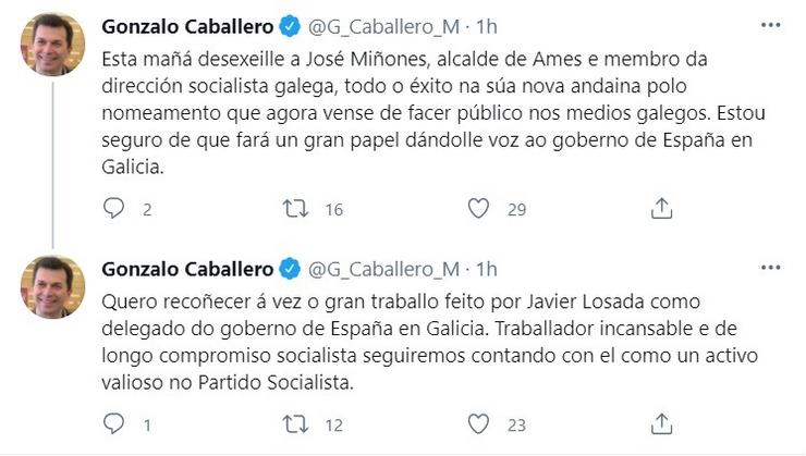 Imaxe das mensaxes publicadas por Gonzalo Caballero no seu perfil da rede social Twitter. CAPTURA/EP / Europa Press