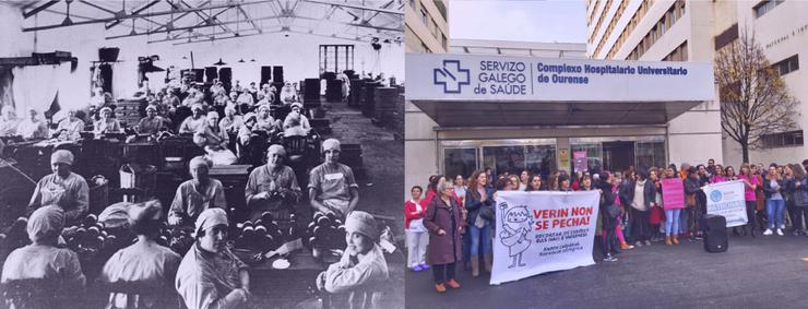 Á esquerda, cigarreiras traballando na fábrica de Tabacos da Coruña. Á dereita, matronas e nais protestan contra o peche do paridoiro de Verín (Fonte: EP). 