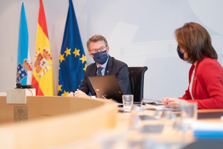 O titular do Goberno galego, Alberto Núñez Feijóo, preside a reunión do Consello da Xunta. Edificio Administrativo de San Caetano, Santiago de Compostela, 22/04/21.. DAVID CABEZÓN @ XUNTA DE GALICI