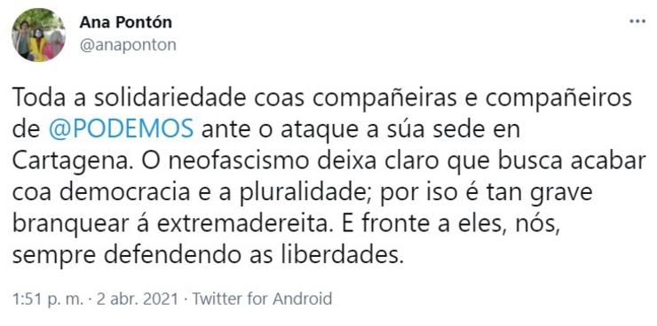 Mensaxe publicada pola líder do BNG, Ana Pontón, no seu perfil da rede social Twitter. CAPTURA/EUROPA PRESS / Europa Press