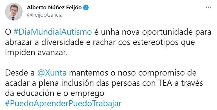Mensaxe publicada polo presidente da Xunta, Alberto Núñez Feijóo, no seu perfil da rede social Twitter. CAPUTRA / EUROPA PRESS / Europa Press