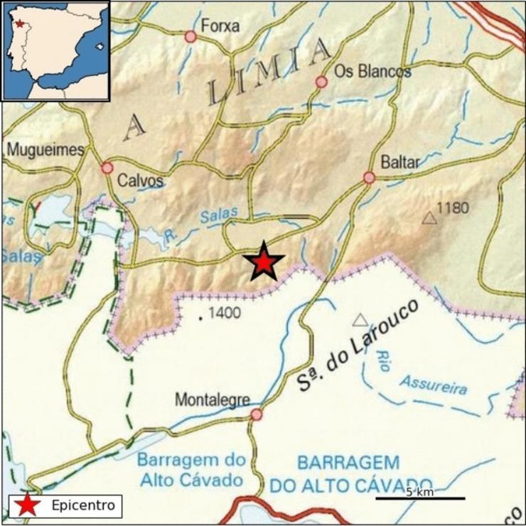 Mapa do terremoto de 3,2 de magnitude rexistrado no municipio ourensán de Baltar. INSTITUTO XEOGRÁFICO NACIONAL / Europa Press
