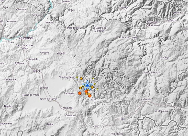 Captura do mapa de sismos do Instituto Xeográfico Nacional cos últimos tremores detectados na zona de Laza (Ourense). CAPTURA (INSTITUTO XEOGRÁFICO NACIONAL)
