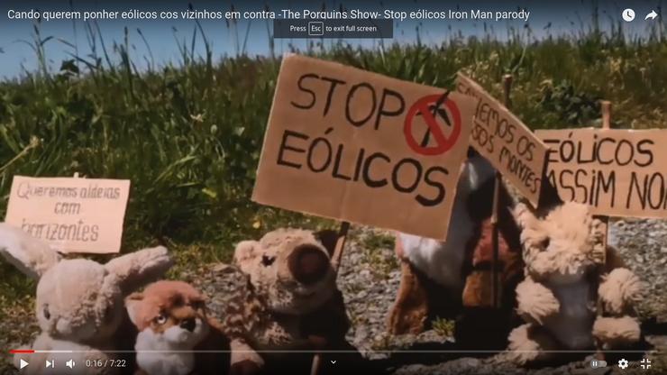 Pantallazo da produción de Televejo da Galiza con "The porquins show" loitando contra os eólicos