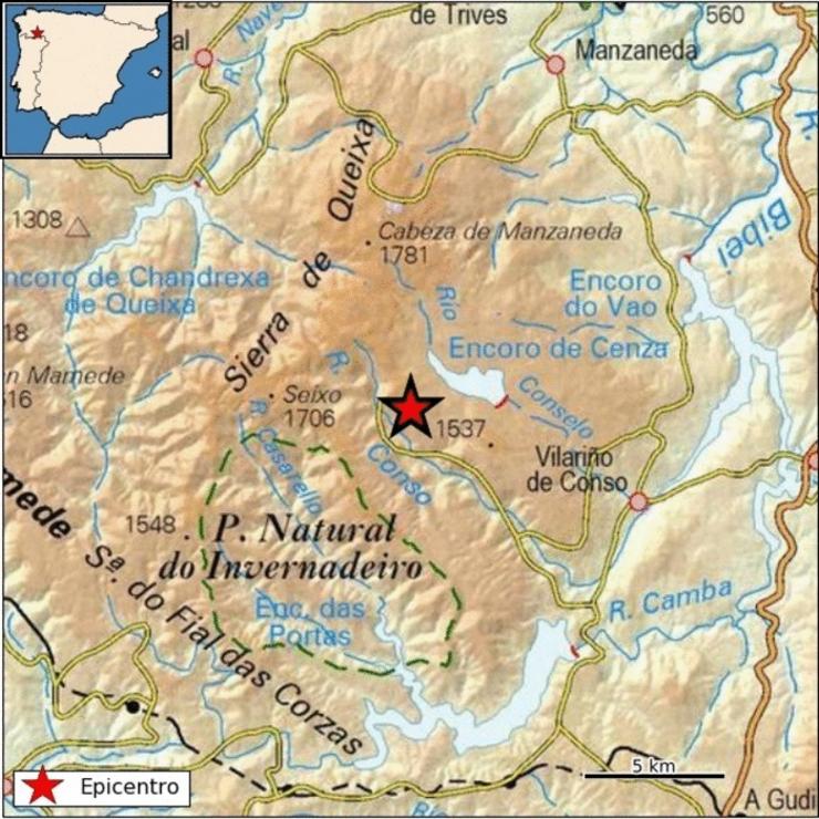 Zona onde se rexistrou un terremoto de magnitude 3,1 en Vilariño de Conso (Ourense).. INSTITUTO XEOGRÁFICO NACIONAL 