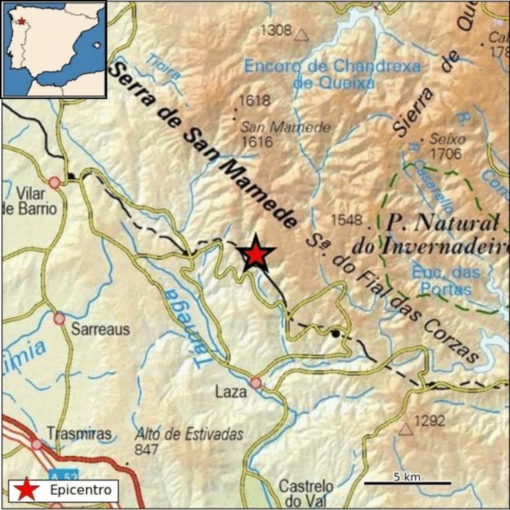 Localización dun terremoto anterior en Laza / INSTITUTO XEOGRÁFICO NACIONAL