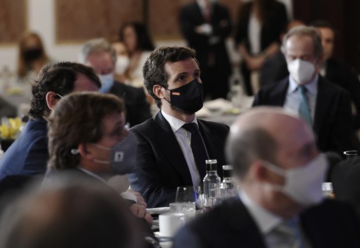 O líder do PP, Pablo Casado, nun almorzo informativo organizado por Nova Economía Forum, a 8 de xuño de 2021, no Hotel Four Seasons, Madrid, (España).. Óscar Canas - Europa Press 