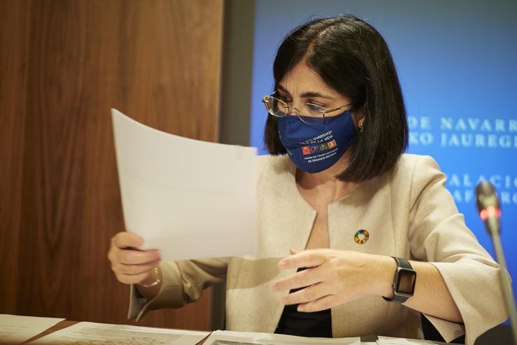 A ministra de Sanidade, Carolina Darias, comparece en rolda de prensa, tras presidir desde Pamplona o pleno telemático do Consello Interterritorial do Sistema Nacional de Saúde, no Palacio de Navarra, a 2 de xuño de 2021, en Pamplona, Navarra (Españ. Eduardo Sanz - Europa Press