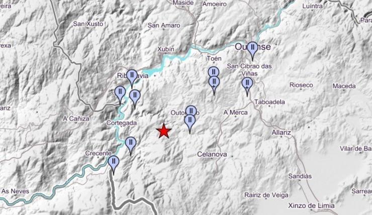 Captura do mapa do Instituto Xeográfico Nacoinal co epicentro do sismo de 2,7 de magnitude con epicentro en Gomesende e que foi percibido en varios puntos da provincia de Ourense. INSTITUTO XEOGRÁFICO NACIONAL / Europa Press