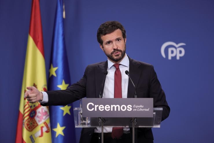 O presidente do PP, Pablo Casado, durante unha rolda de prensa na sede do partido, a 29 de xullo de 2021, en Madrid (España).. Eduardo Parra - Europa Press