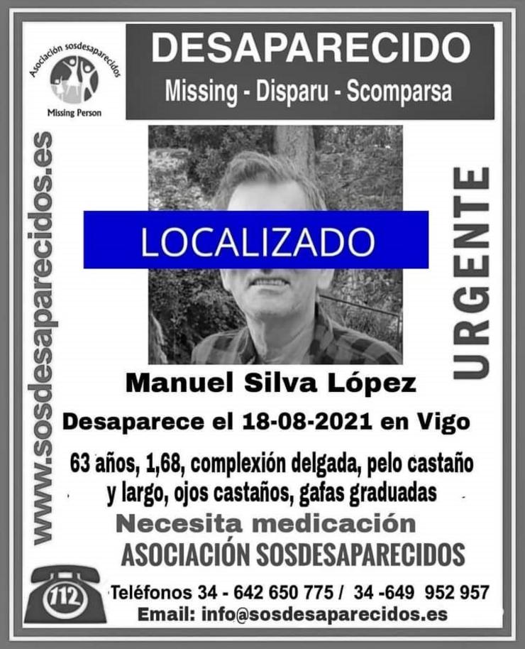 Localizado o veciño de Vigo Manuel Silva López, desaparecido na cidade o 18 de agosto de 2021.. SOS DESAPARECIDOS / Europa Press