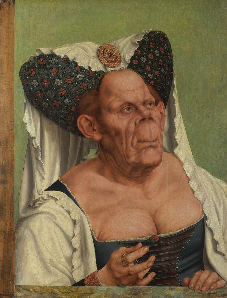 ' A duquesa fea', también coñecido como 'Unha vella grotesca' Pintado por Quinten Massys en 1513 en óleo sobre carballo
