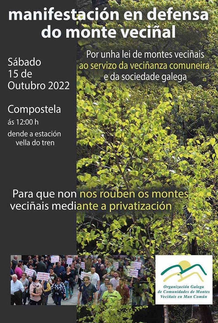 Cártel da manifestación en defensa do monte veciñal do sábado 15 de outubro de 2022.