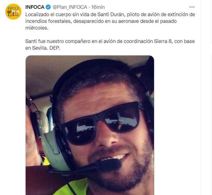 Mensaxe en redes sociais na que o Infoca comunica o achado do corpo sen vida do piloto 