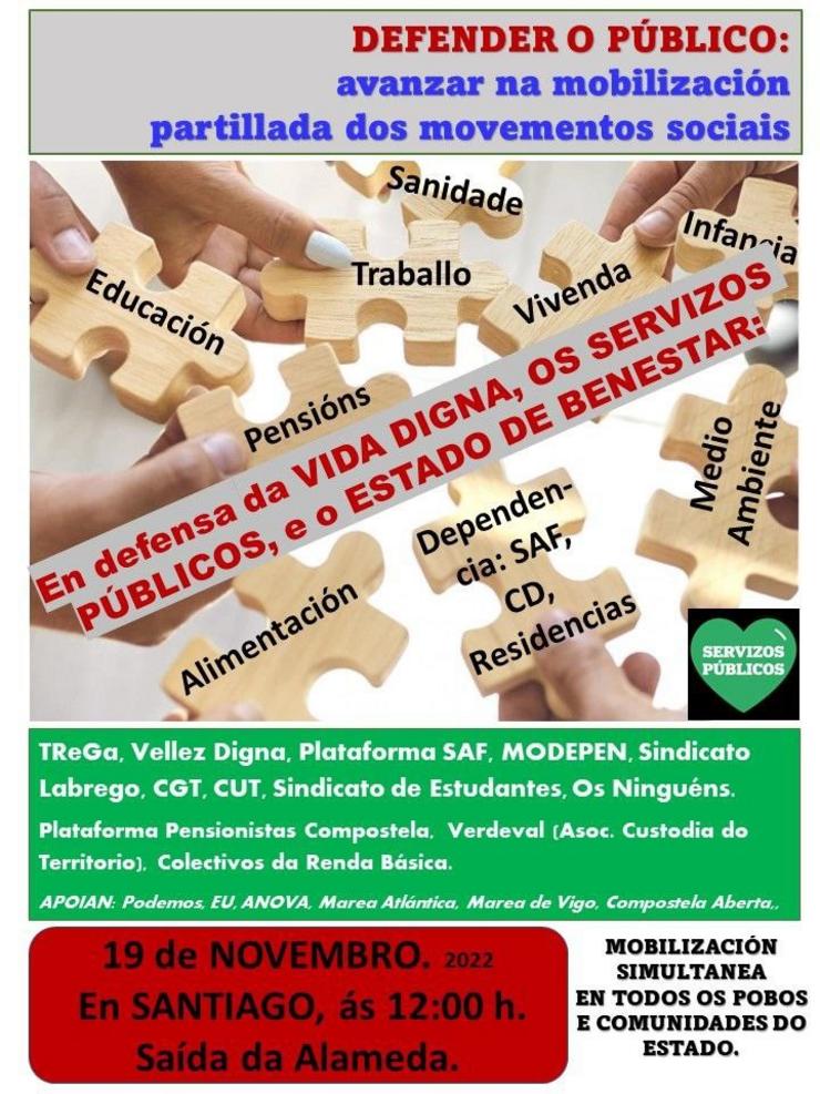 Cartel da manifestación do 19 de novembro en Santiago de Compostela, convocada por diferentes sindicatos, en defensa dos servizos públicos e o Estado de Benestar. 