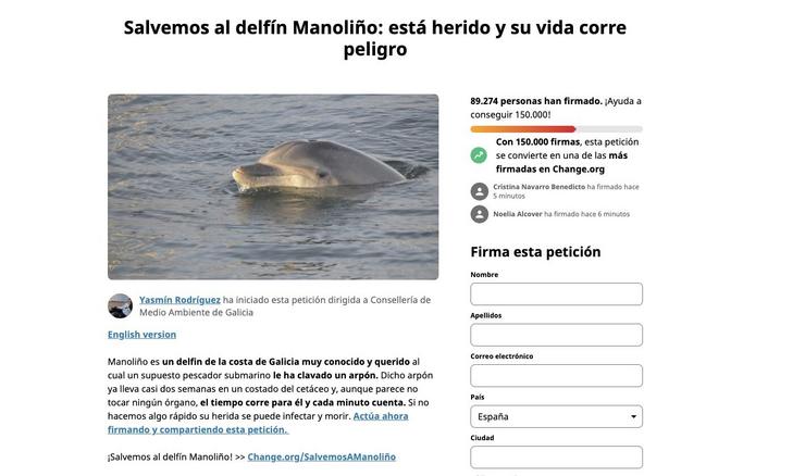 Campaña de Change.org para o rescate do golfiño galego ferido cun arpón, Manoliño. CHANGE.org / Europa Press