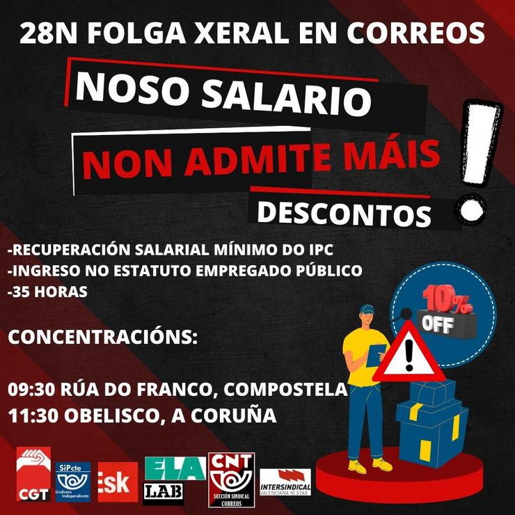 Cartel coas protestas dos traballadores de Correos no marco da folga do luns 28 de novembro de 2022 