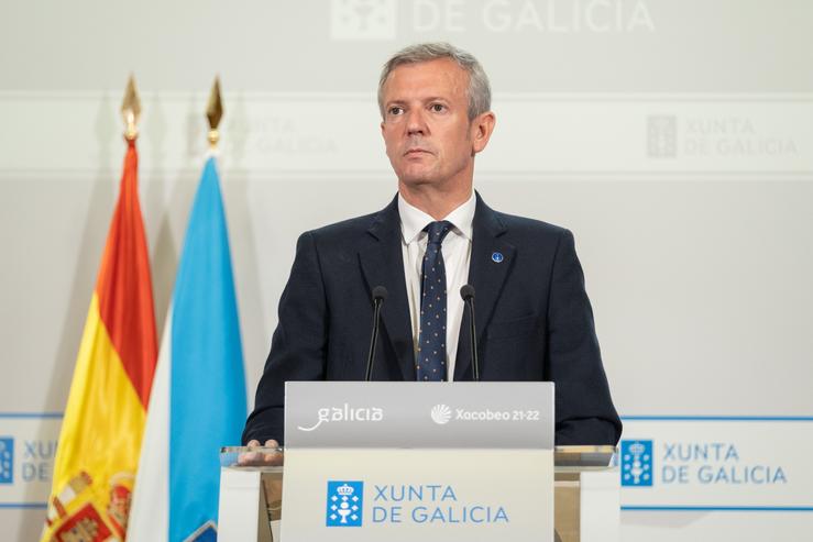 O presidente da Xunta, Alfonso Rueda, durante a rolda de prensa posterior á reunión semanal do Consello da Xunta. 