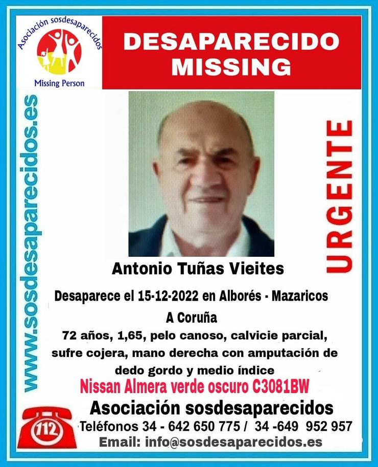 Antonio Tuñas, veciño de Mazaricos desaparecido / SOS DESAPARECIDOS