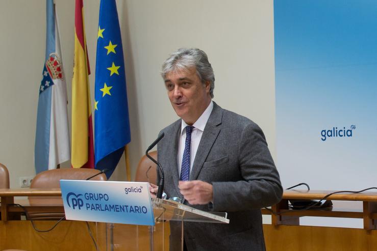 O portavoz parlamentario do PPdeG, Pedro Puy, en rolda de prensa este luns. PPDEG / Europa Press