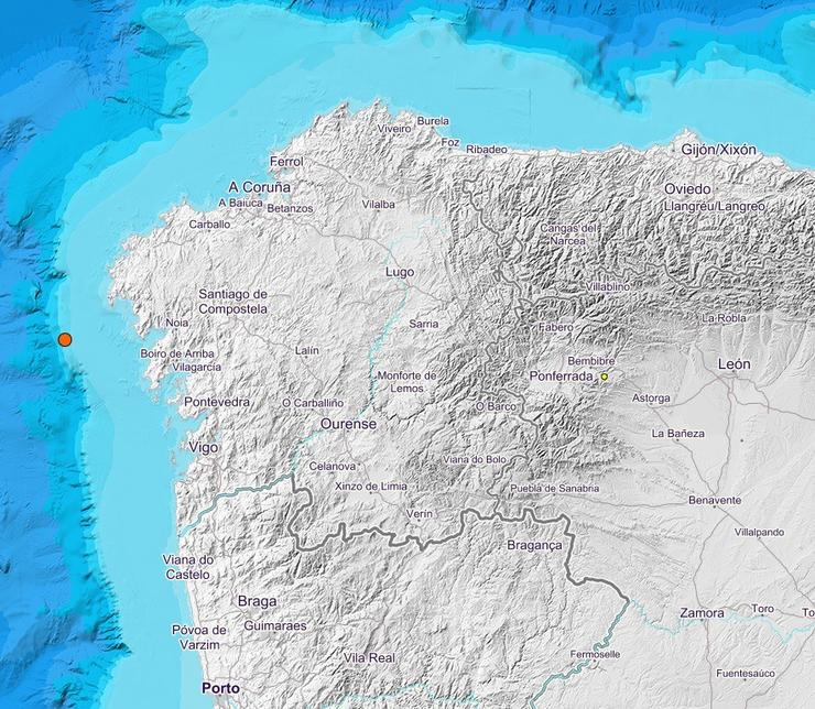 Mapa do Instituto Xeográfico Nacional (IGN) cun terremoto fronte á ría de Muros e Noia (A Coruña).. IGN