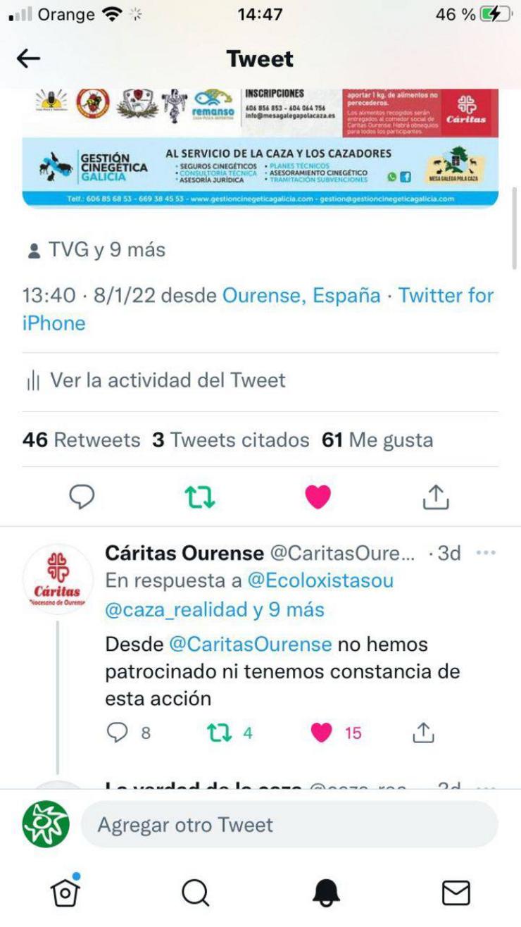 Resposta vía Twitter de Cáritas Ourense a Ecoloxistas en Acción pola montaría de caza benéfica.