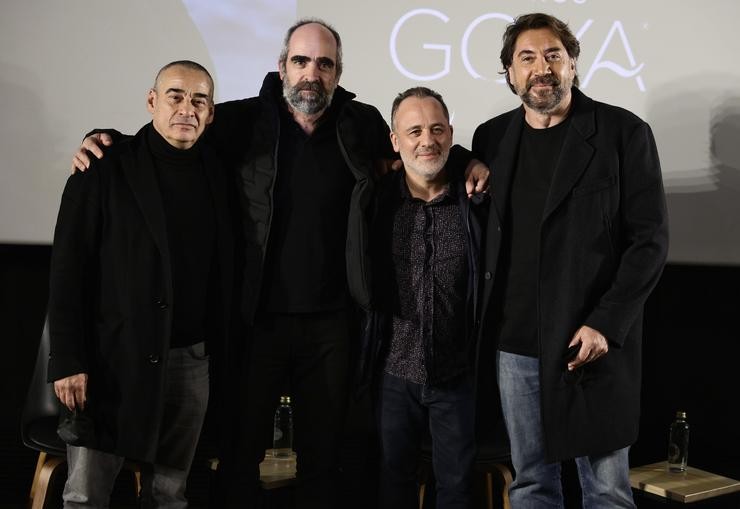 (I-D) Os actores Eduard Fernández, Luís Tosar, Javier Gutiérrez e Javier Bardem, nomeados ao Goya 2022 ao mellor actor protagonista, interveñen nun coloquio, na Academia de Cinema, a 27 de xaneiro de 2022, en Madrid (España). ?, Eduard Fernández está n. Eduardo Parra - Europa Press 